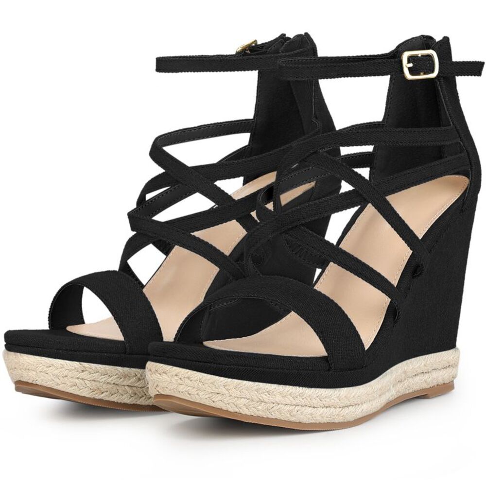 Platform Denim Strappy Wedge Heel Denim Sandals for Women, Denim Black